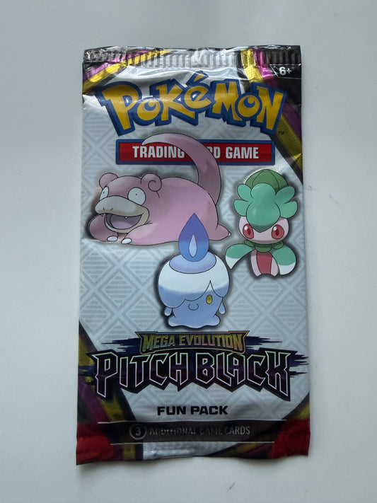 Front photograph of a sealed Pokémon TCG Mega Evolution - Pitch Black Fun Pack showing Slowpoke, Chikorita and Popplio